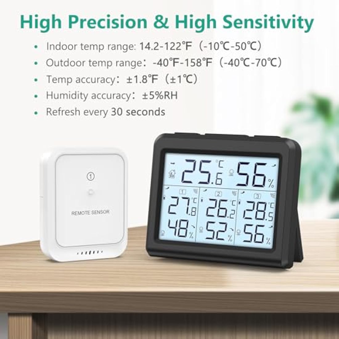 ORIA Digital Thermometer Hygrometer with 3 Sensors, Indoor/Outdoor Humidity Meter Temperature Monitor, Wireless Weather Station with Backlight, Comfort Icon, Arrow Trends for Temp and Humidity -Black