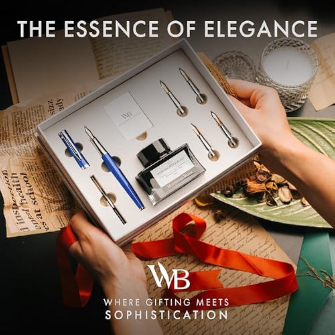 Wordsworth & Black Fountain Pen Gift Set, Includes Ink Bottle, 6 Ink Cartridges, A Refill Converter, 4 Replacement Nibs, Premium Package, Journaling, Calligraphy, Smooth Writing Pens [Blue Chrome]