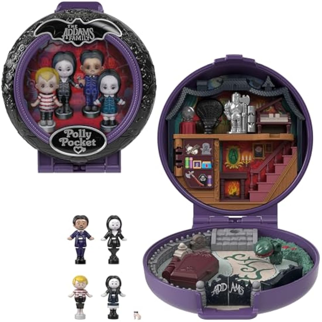 Polly Pocket Collector Playset, The Wednesday Addams Family Compact with 4 Special Edition Character Dolls and 1 Accessory, HXW25