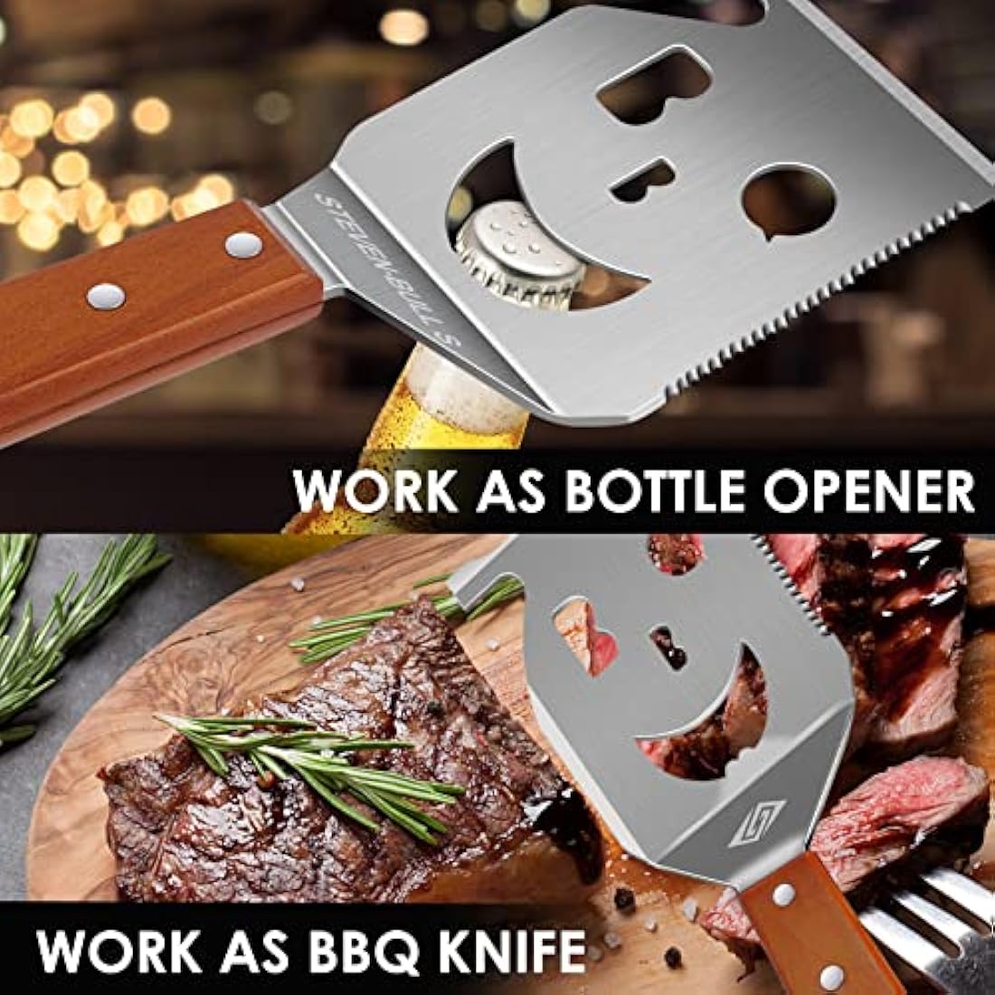 BBQ Accessories for Charcoal BBQ,Gas BBQ, 7 in 1 BBQ Spatula with Scraper, 17 Inch Long BBQ Tools for Barbecue Grill, Dad Gifts, Fathers's Day Gifts, Gifts for Men
