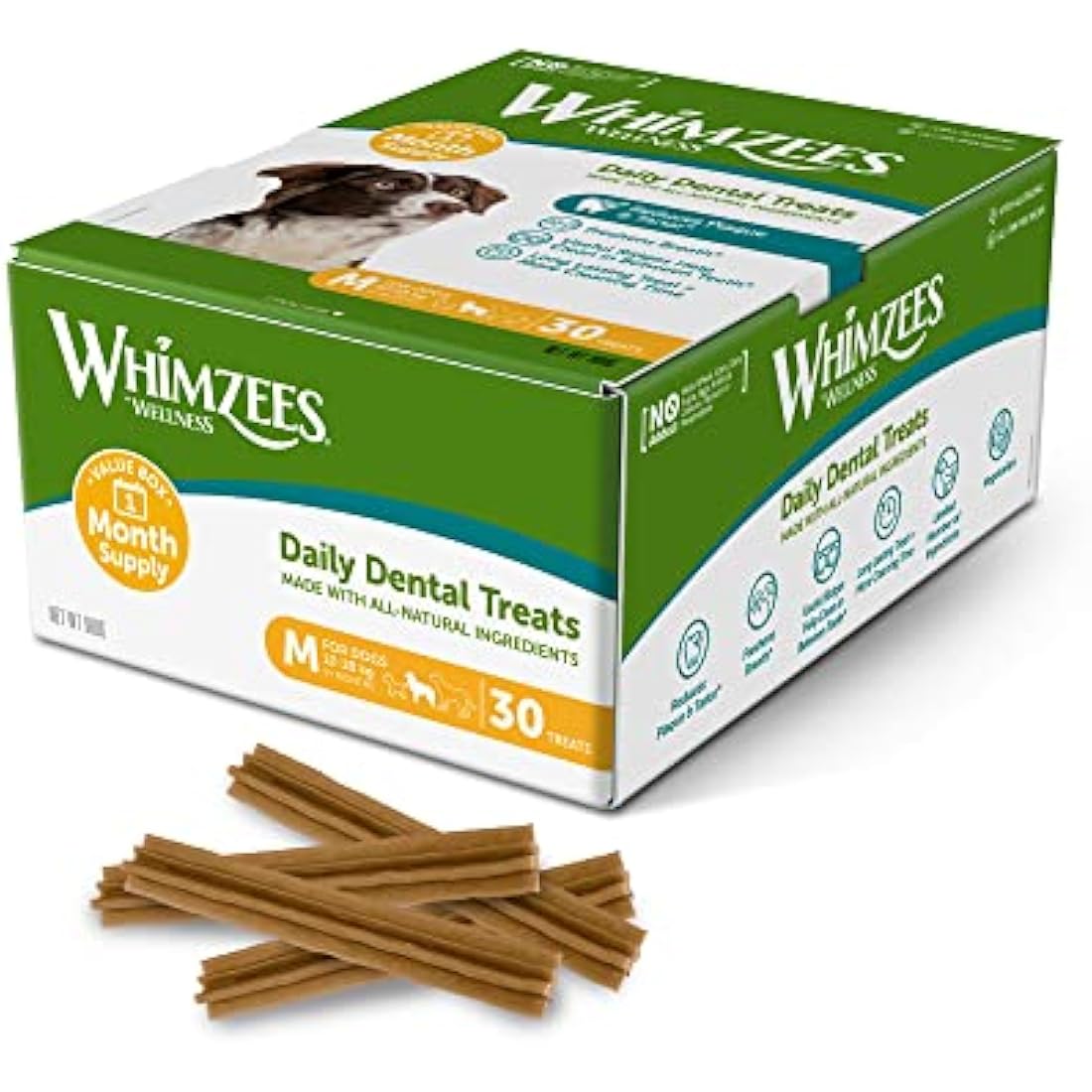 WHIMZEES By Wellness Stix, Dog Dental Sticks, 30 Pieces (1 Month Supply), Size M, Dog Chews for Medium Breeds, Natural, Grain-Free, Rawhide-Free, Vegetarian