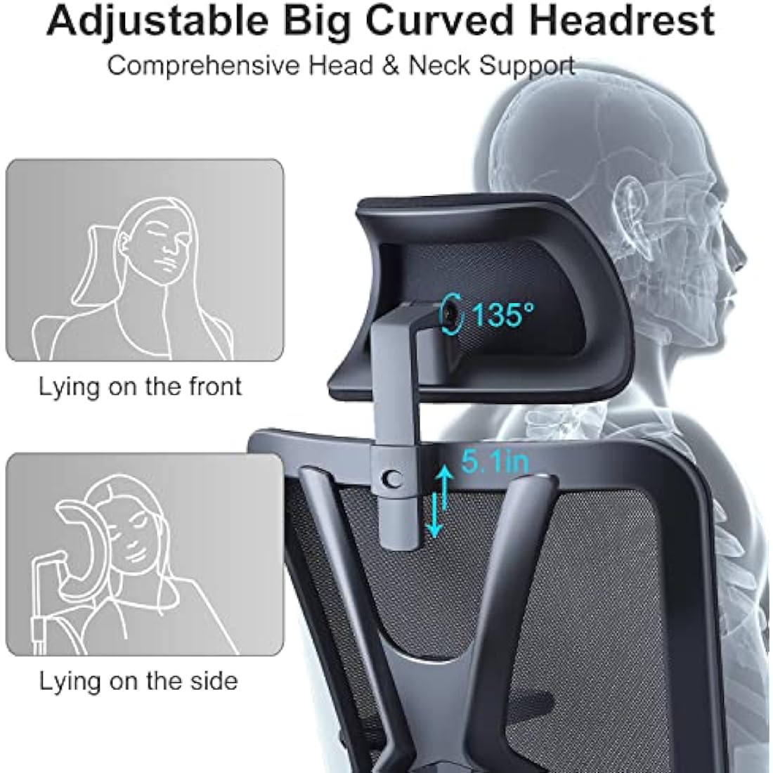 Ticova Ergonomic Office Chair - High Back Desk Chair with Adjustable Lumbar Support, Headrest & 3D Armrest - 130°Rocking Mesh Computer Chair