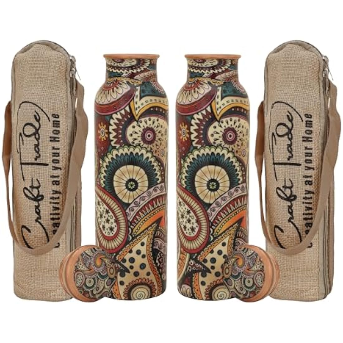 Craft Trade Set of 2 Printed Pure Copper Bottle with Lid and Carry Bag for Drinking Water BPA Free Leak Proof Boosts Immunity, Supports Digestive & Ayurveda Inspired 34oz - 1 Litre