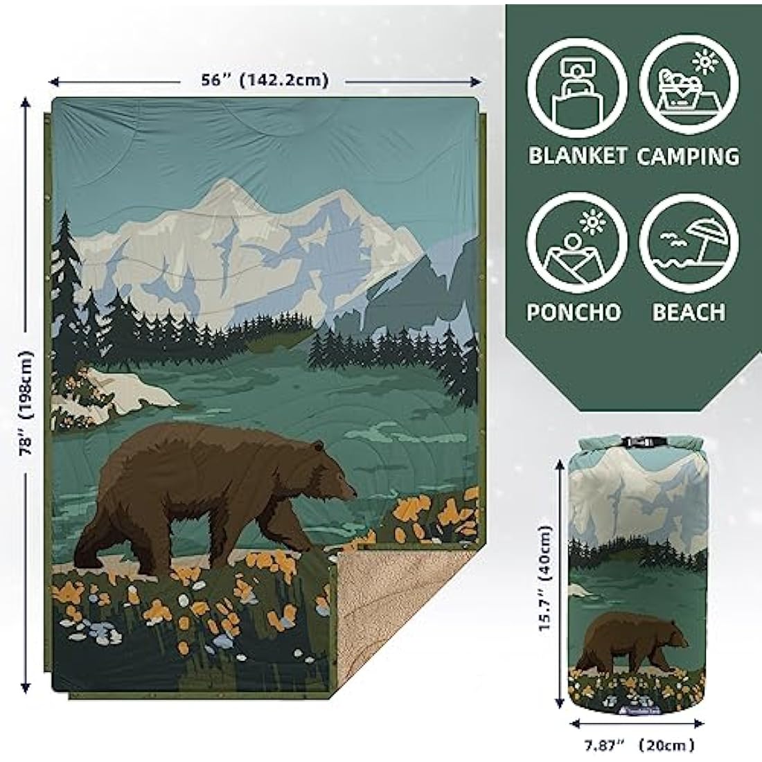 KawaGebo Kamp Outdoor Camping Blanket with Sherpa Lining, Extra Warm Thick Camp Blankets & Puffy Ultralight Soft Poncho DWR Camping Quilt for Cold Weather, Adventure,Sleeping,Backpacking 78"x 56"
