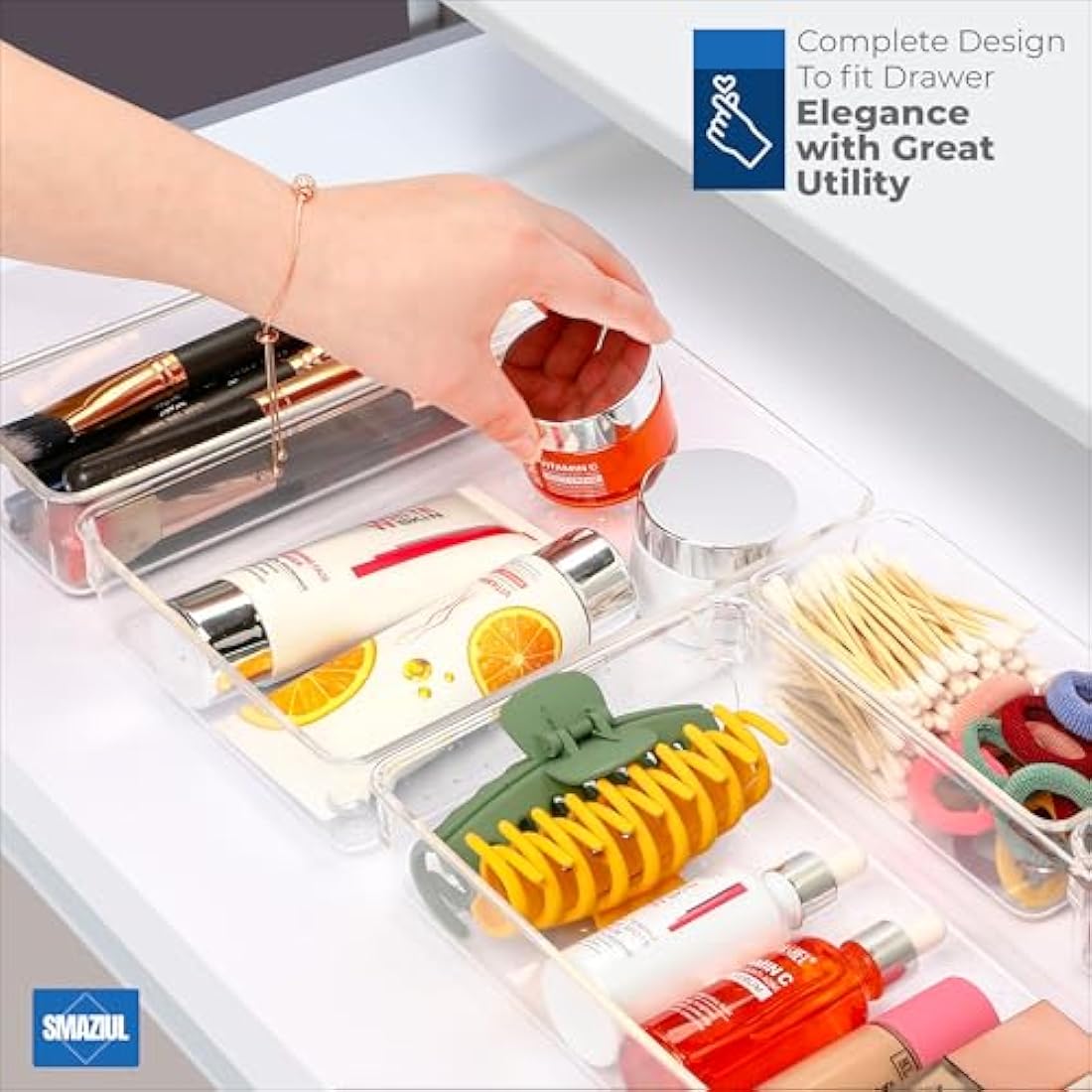 SMAZIUL 14 Pcs Clear Drawer Organiser with 4 sizes Desk Organizer ideal for organizing, cosmetics, makeup, jewelry, office supplies, bathroom accessories & much more