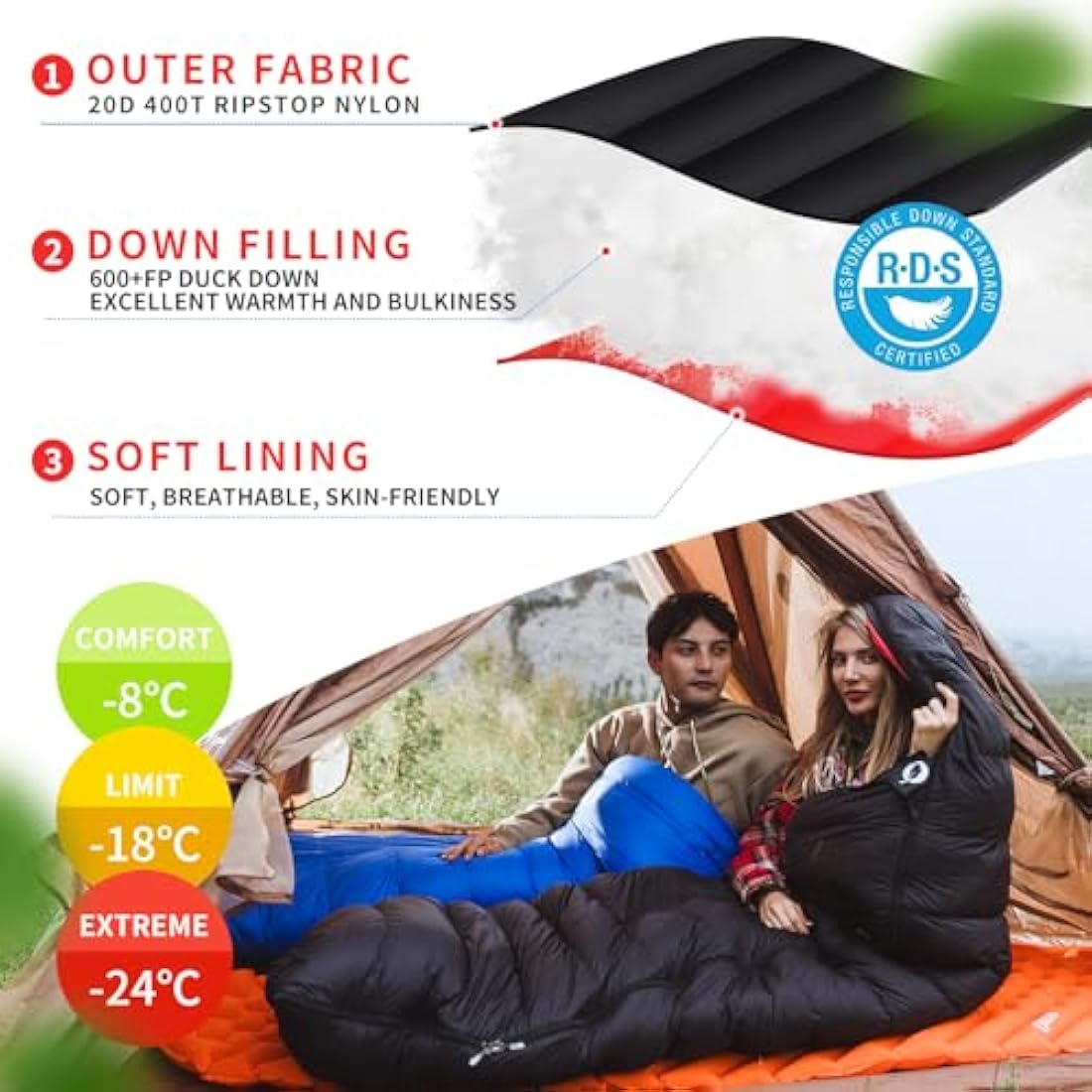 QEZER Down Sleeping Bag,Lightweight Rectangular Winter Sleeping Bag [1180g/1860g] for Adults and Kids 4 Season Camping, Hiking,Warehouse and Moutaineering Outdoor