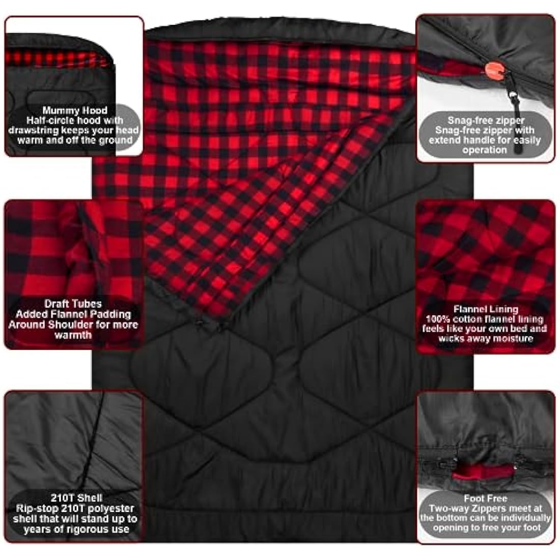Mcota Cotton flannel double sleeping bags for Winter, waterproof queen size sleeping bag for 2 person cold weather camping, backpacking or traveling, double wide sleeping bags for family or couples