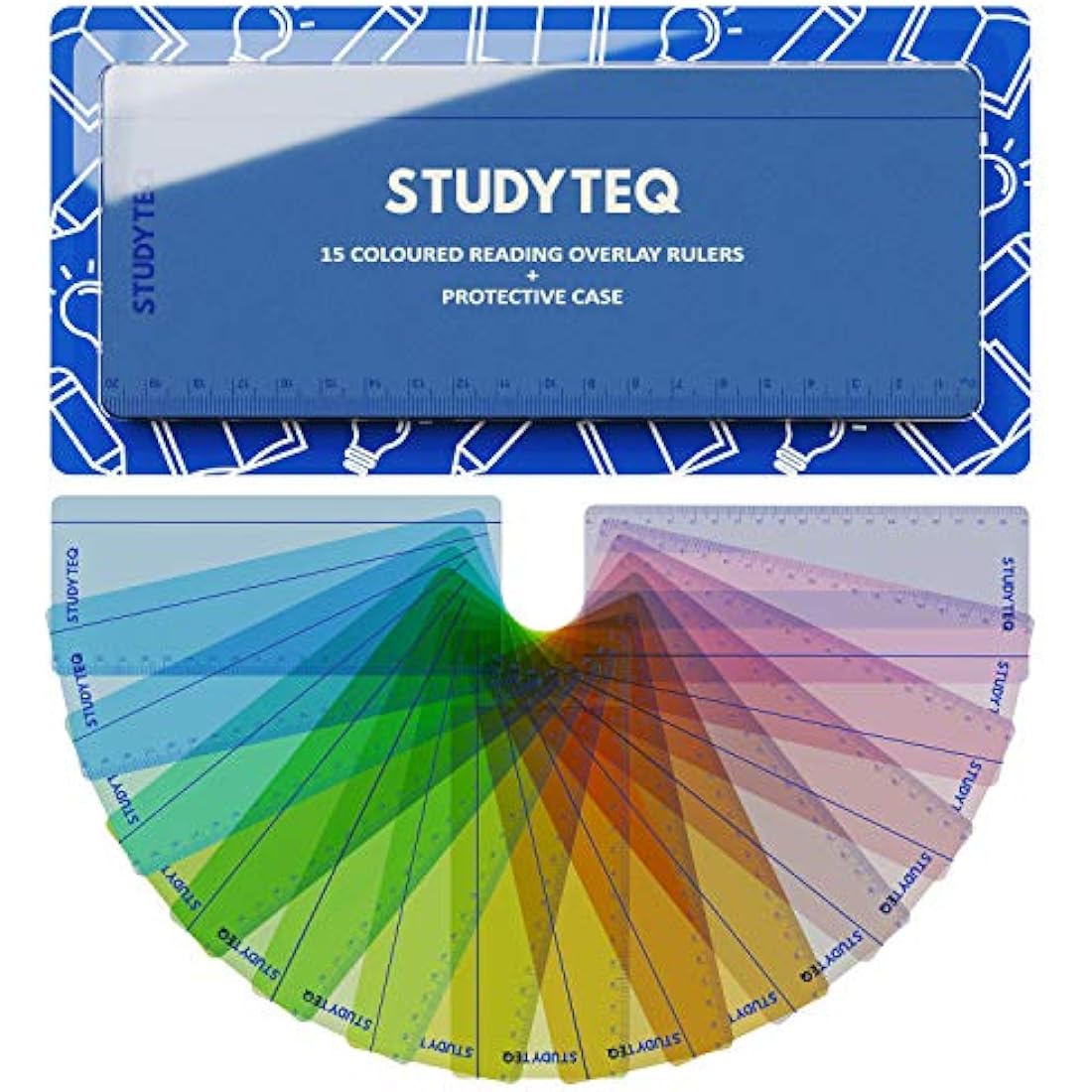 Studyteq 15 x Professional Dyslexia Coloured Reading Overlays And Rulers + Protective Case | Reading Tracking Rulers for Visual Stress, Dyslexia, Irlens Syndrome, and ADHD