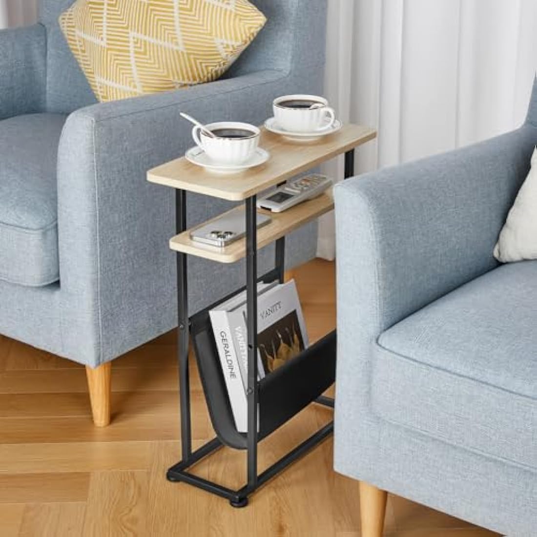 ZEXVIDA Small Side Table for Small Spaces - Slim End Table with Magazine Holder - 2 in 1 Narrow End Table Living Room - Skinny Bedside Table Nightstand Bedroom Thin Side Table (Oak)