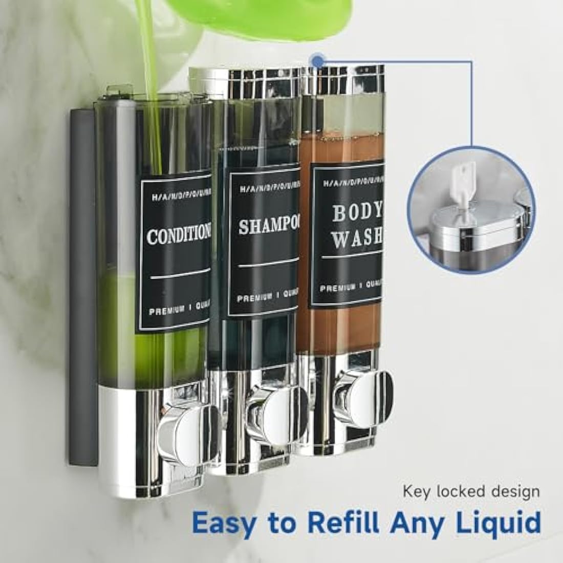 Unisense 3 Chamber Wall-Mounted Shampoo and Conditioner Dispenser for Shower - No Drill, Large Capacity, Chrome