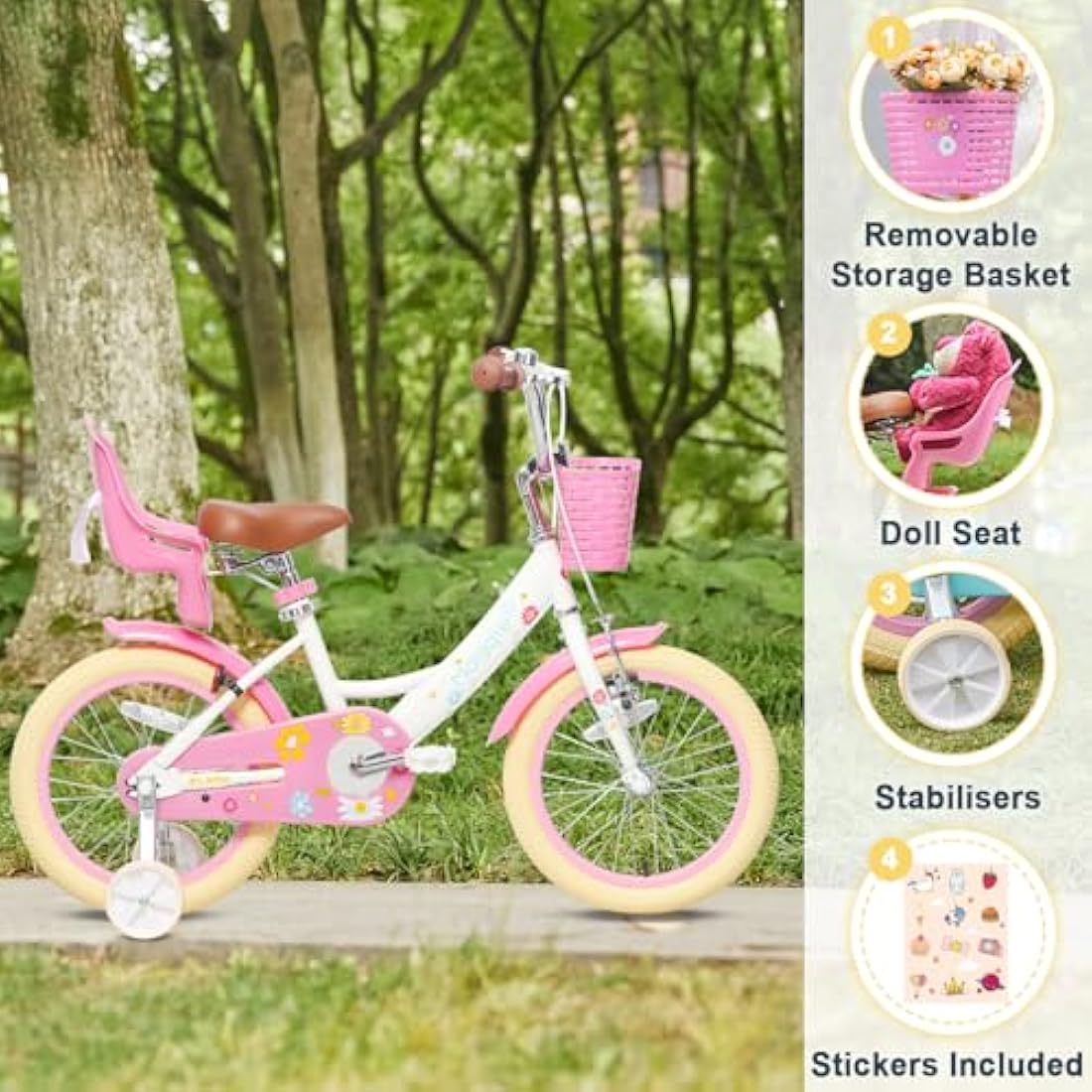 Glerc Maggie 12 Inch Kids Bike for 2-13 Years Old, Girls Bicycle with Doll-Seat & Basket & Stabilisers & Kickstand, Multiple Colors