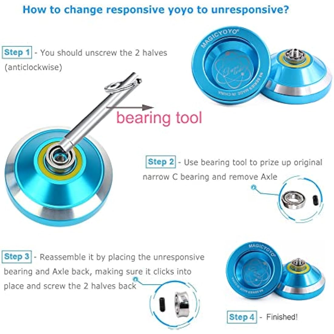 MAGICYOYO N8 Yoyos Pro Responsive Yoyo & Unresponsive Yo-yo for Kids Teens Adults, Beginners to Advanced Yo-yos, Yo Yo Metal with Unresponsive Bearing+12 Yo-Yos Strings+ Remover+ Glove+ Bag, Blue