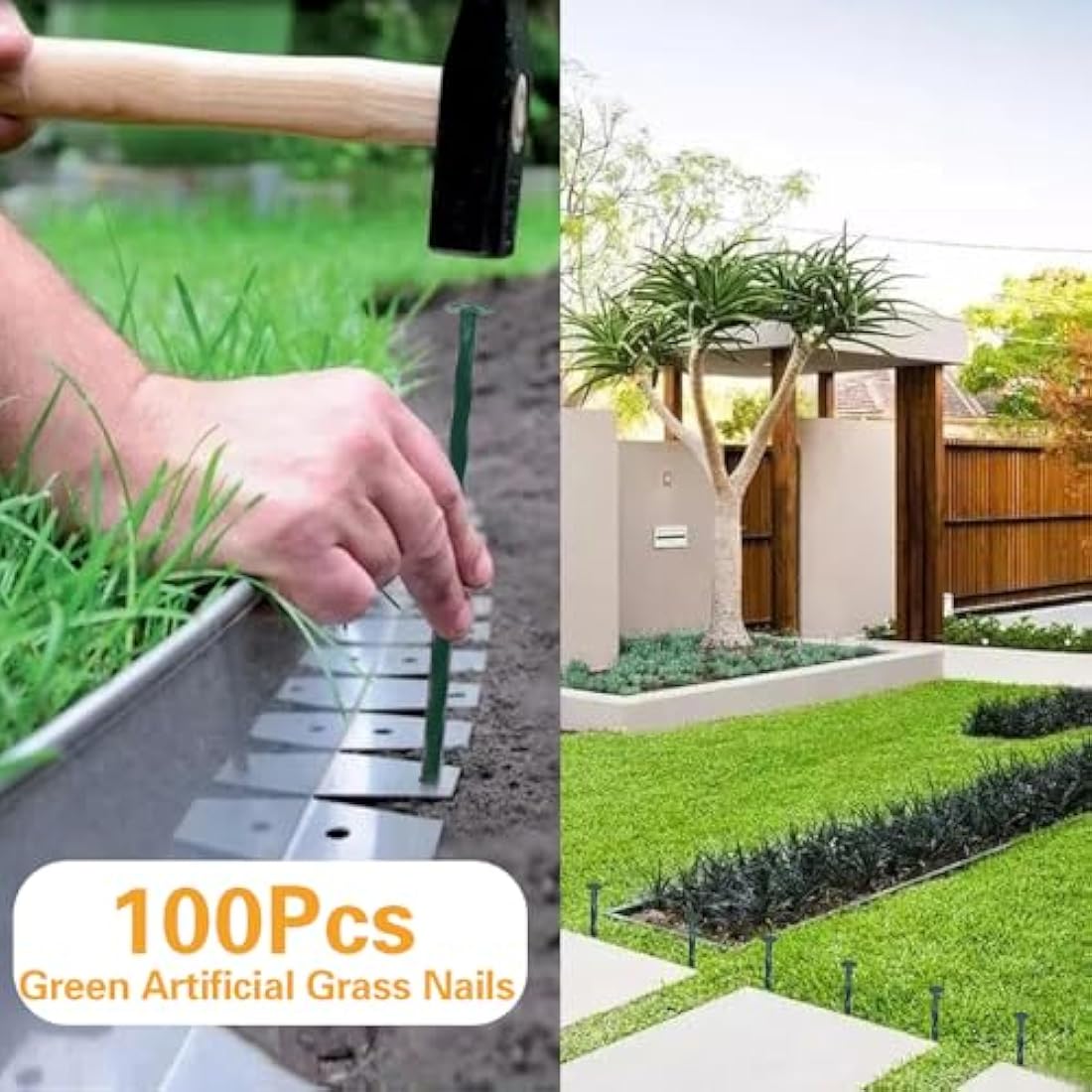 Bakulyor 100 Pack Metal Landscape Stakes, 8 Inch Artificial Grass Spikes, 6 Gauge Large Landscaping Staples, Green Edging Anchor Stake for Garden Ground Grass Lawn Paver Timber Border Weed Barrier 8"
