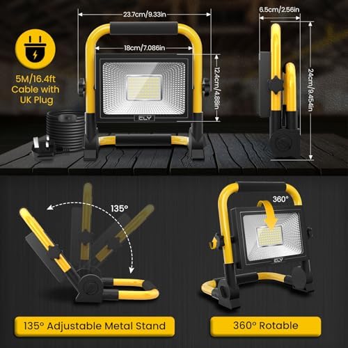 CLV 60W LED Work Light 5200LM, Job Site Light, Plug in Folding FloodLight, Portable Stand Work Lights Mains Powered LoftLight for Car Repairing Home Workshop Garage, 6500K Cold White 5M Wire with Plug