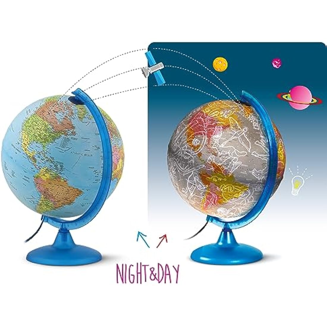 Tecnodidattica - Night&Day World Globe for Kids & Young People | Dual Effect Political Cartography and Constellations | Light Up & Rotatable | Graduated Meridian | Texts in English | 25cm Diameter
