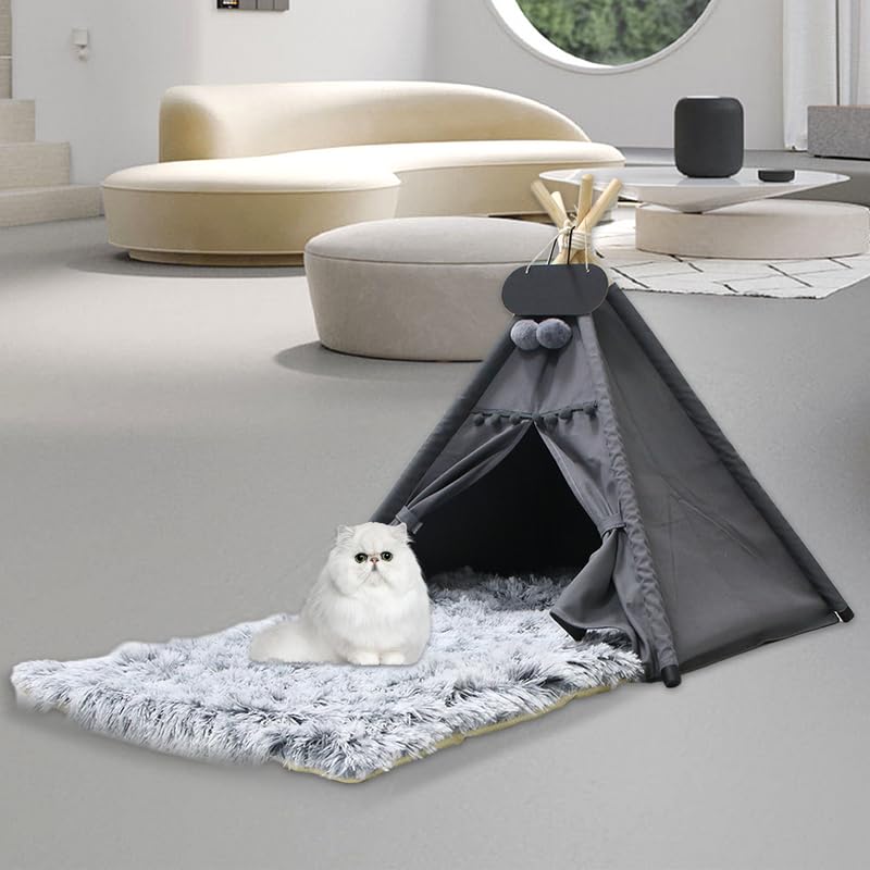 Whiwhi Pets Teepee Dogs Tent with Plush Dog Mat Washable Cats Tents Dog/Cat Bed Luxery Kennels Play House 60x60x70cm