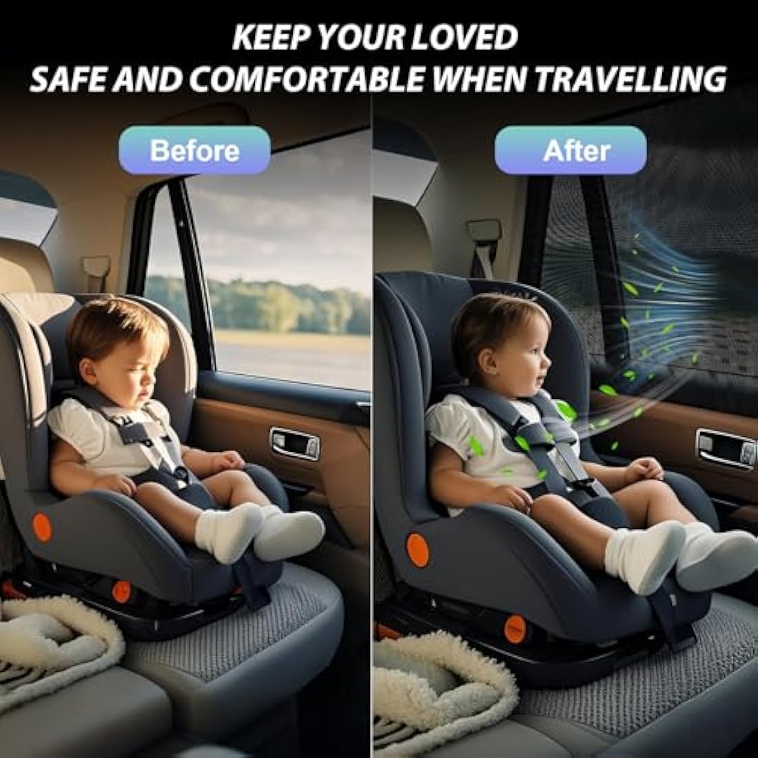 PEMOTech Car Window Shades for Baby 2 Pack - Stretchable & Breathable Spandex Car Sun Shade for Baby - UV Sun & Mosquito Protection for Babies/Kids/Adults/Pets - 39.8" x27.2" Fits 99% Cars