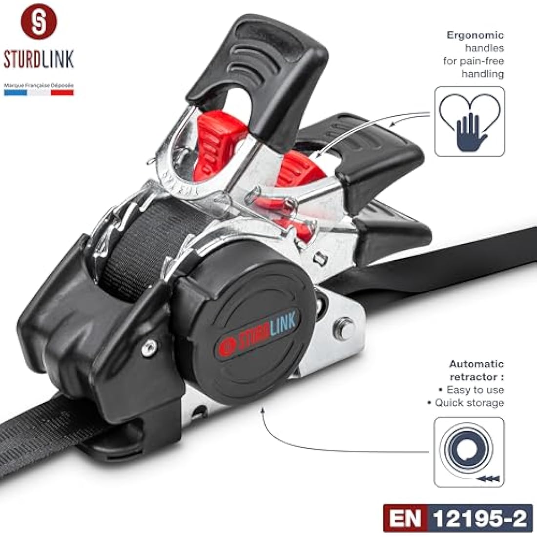 Automatic Ratchet Strap 3m 25mm S-Hook with Latch LC 300daN / 600daN U-Shaped | Automatic Strap Winder | Ideal Attachment Equipment for Trailer Motorcycle Quad Auto | Set of 4 + Bag | EN 12195-2