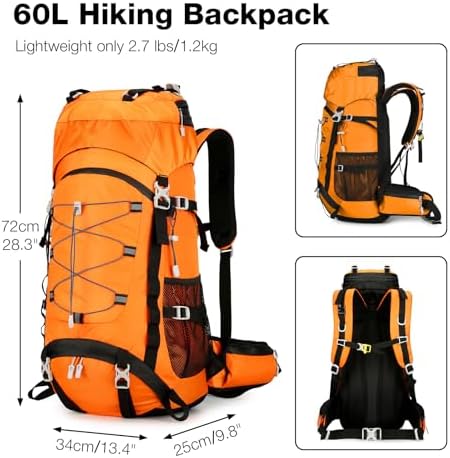Outplea 60L Hiking Backpack Waterproof for Men Women, Large Camping Backpack with Rain Cover, Mesh Back Hiking Backpack for Travel Trekking Backpacking