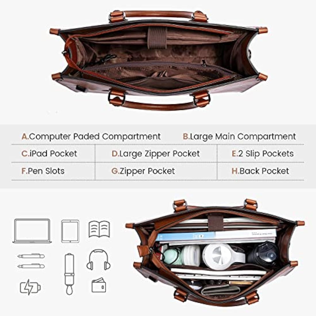 LOVEVOOK Laptop Bags for Women,15.6 Inch PU Leather Tote Bag with Wristlet Pouch, Retro Ladies Handbag Shoulder Bag Briefcase for Work School Office Business,Brown