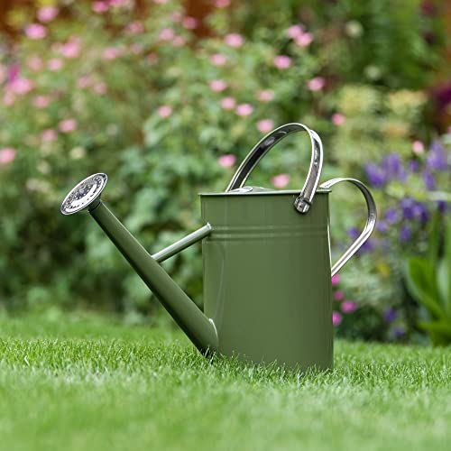 Kent & Stowe 4.5 Litre Vintage Olive Green Watering Can, Galvanised Steel Can for Daily Watering, Classic English Style Jug with 2 Handles