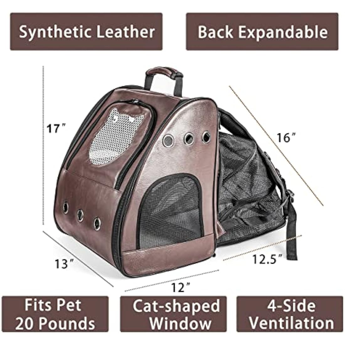 Large Cat Backpack, Fits Large Fat Cat up to 9kgs (20 lbs), Leather Cat Carrier Backpack, Airline Approved Cat Travel Vented Backpack Carrier