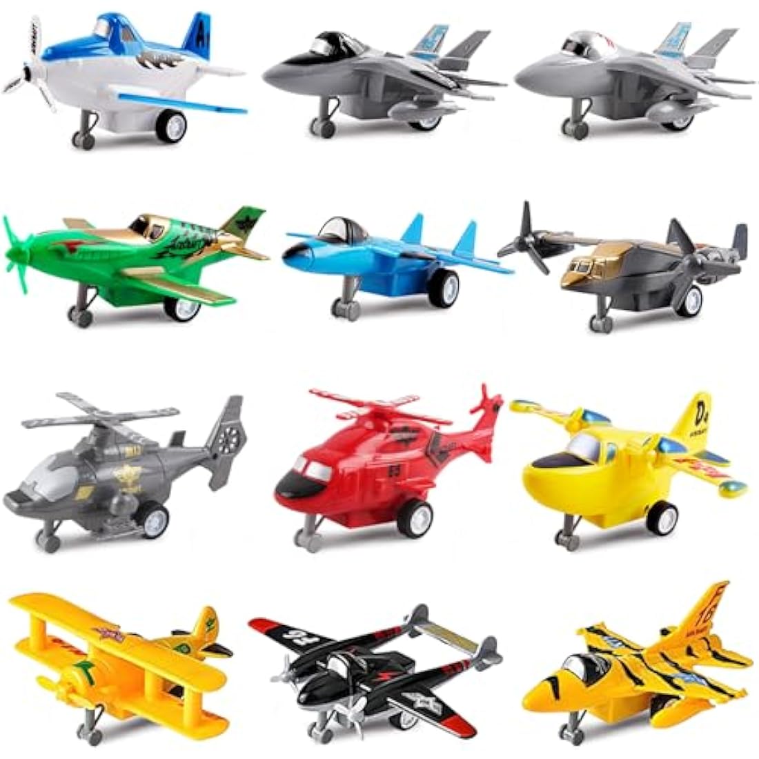 deAO Set of 12 Pull Back Airplanes Vehicle Playset Variety Pack of Helicopters, Stealth Bombers, Fighter Jets, Aircraft, Planes