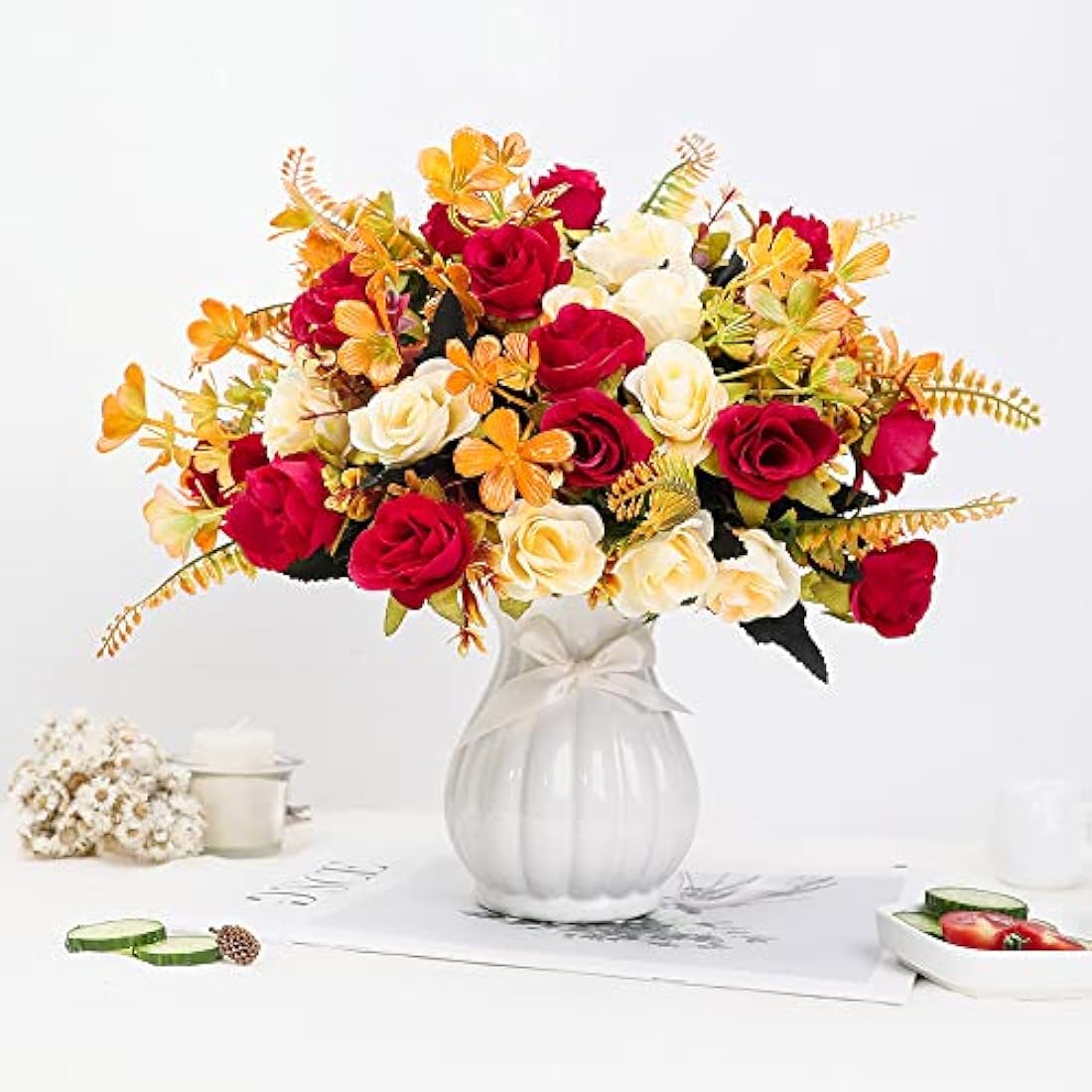 LESING Artificial Silk Rose with Vase Fake Flowers Wedding Flowers Bouquets Arrangement Home Office Party Centerpiece Table Decoration (Red-1)