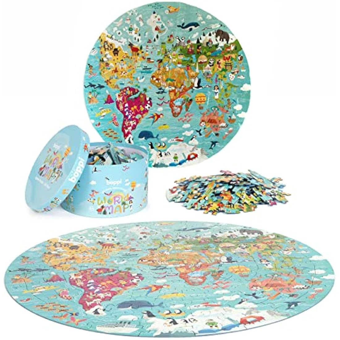 Boppi puzzles for 5+ year olds / 150 Piece Round Circle Jigsaw Puzzles for Kids Aged 5-8 Made with 100% Recycled Card – World Map