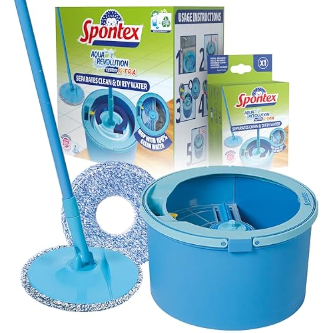 Spontex Aqua Revolution System X'tra Floor Mop and Bucket Set with Free Refill | Separates Clean & Dirty Water | Cleans Laminate, Wood & Tile Flooring | Flat Spin Mop with Microfibre Refills