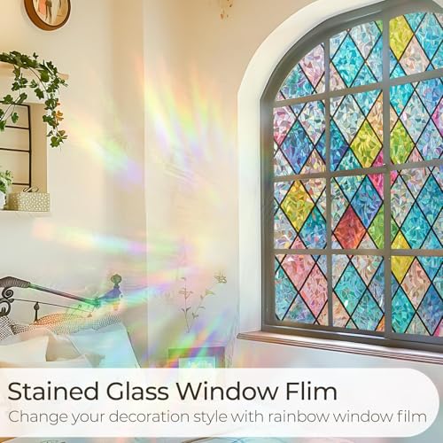 Beautysaid Rainbow Privacy Window Film: Stained Glass, No-Glue Frosted Window Film, Static Cling Film (Multicolor, 60x1000cm
