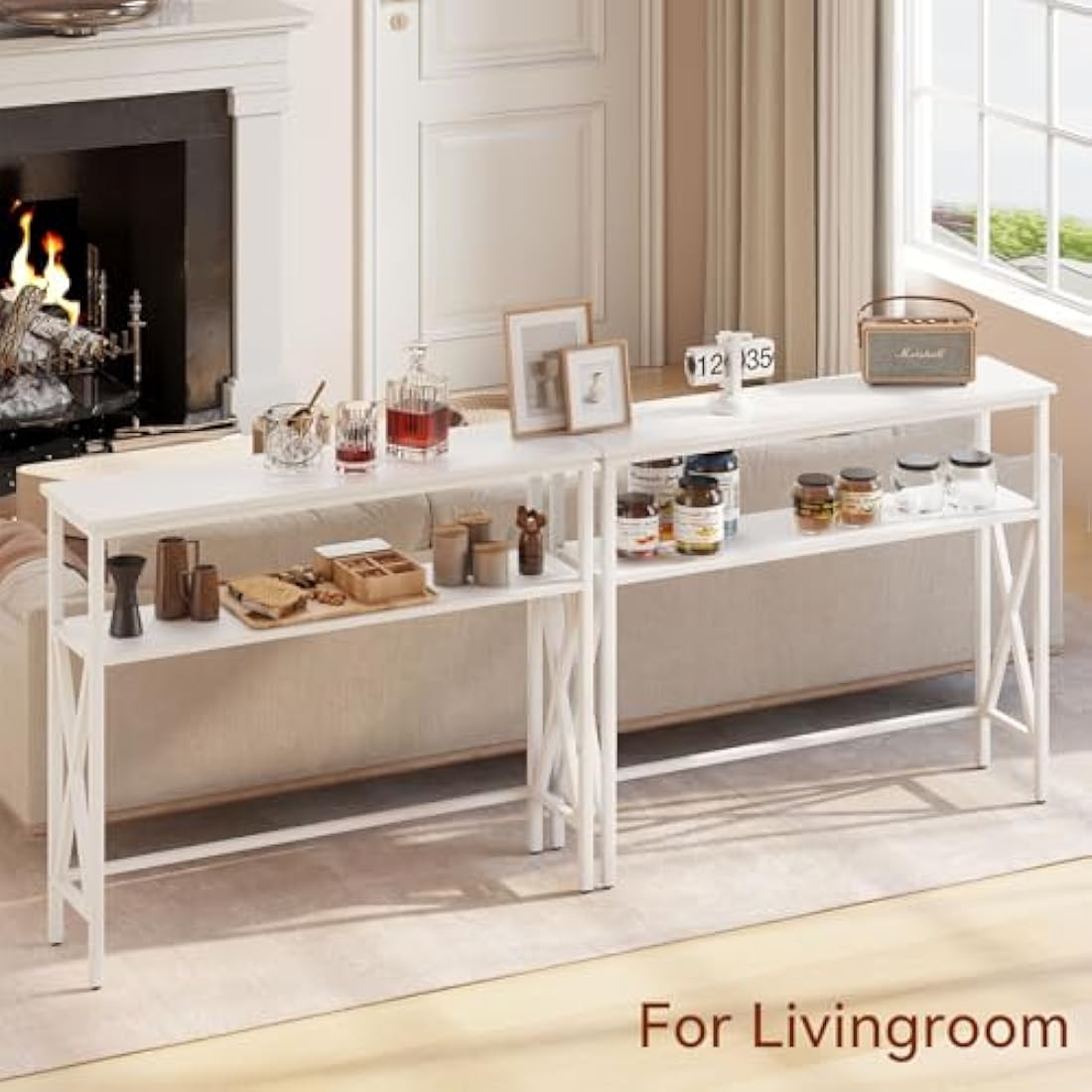 YMYNY Console Table, Industrial Entryway Table for Hallway, Narrow Sofa Table with Shelves, Metal Frame, Compact Display Table for Small Spaces, Living Room, 101×25×80.5CM White HST007W