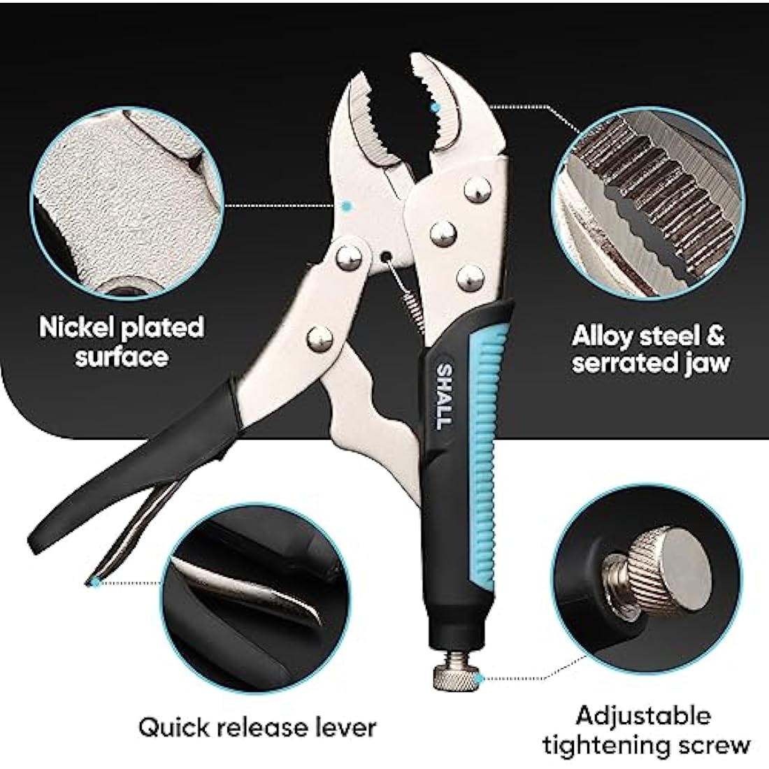 Shall 6-Piece Locking Pliers Set - 5", 7" & 10" Curved Jaw, 6-1/2" & 9-1/2" Long Nose, 6" C-Clamp - Two-Color TPR Handle, Roll Up Pouch Included