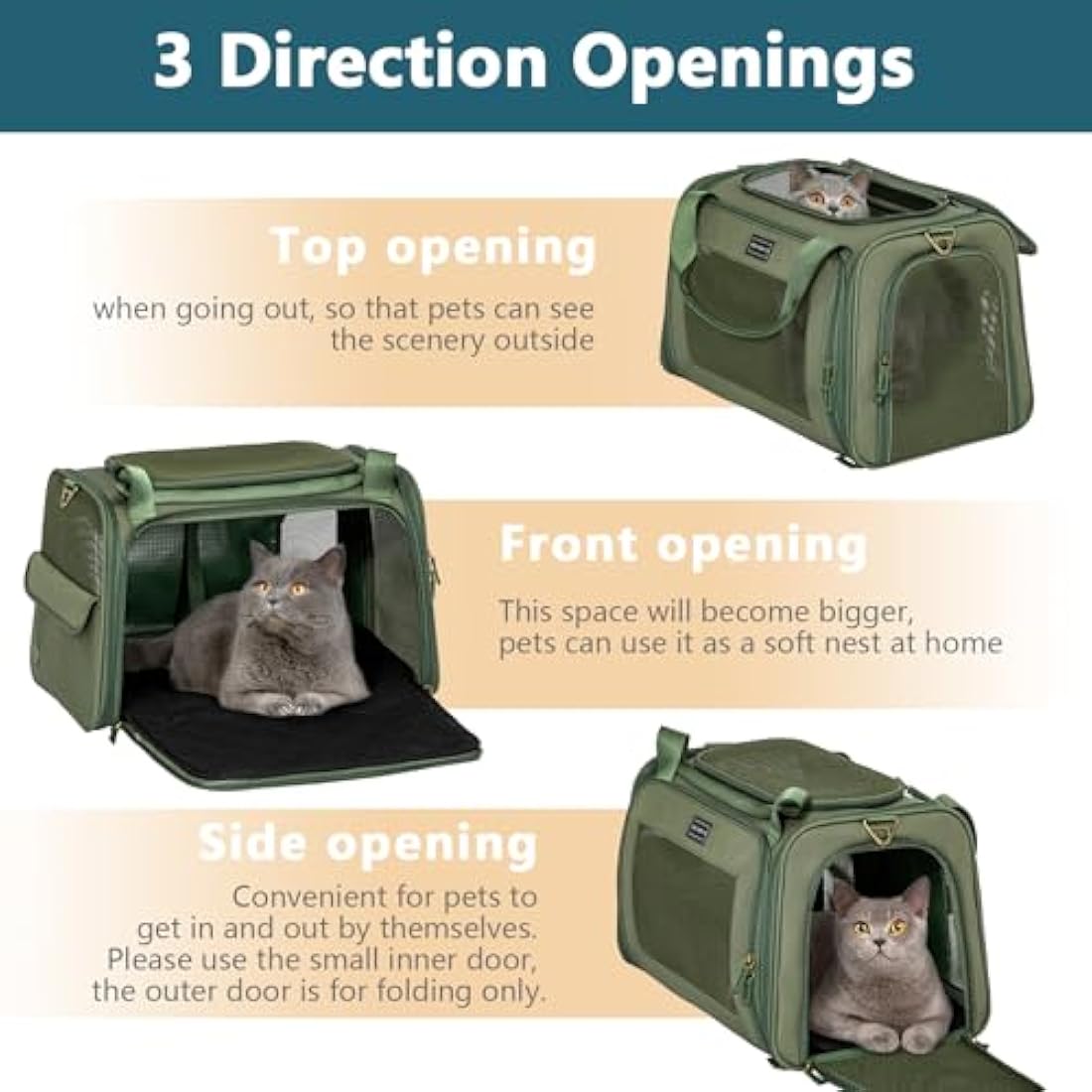 Petsfit Dog Carrier Soft Sided Travel Carrier, Lightweight Travel Use Pet Carrier for Small Dogs and Cats, with Expandable mat, Upgraded Large Space Soft Sided Pet Cat Carrier, Olive Green