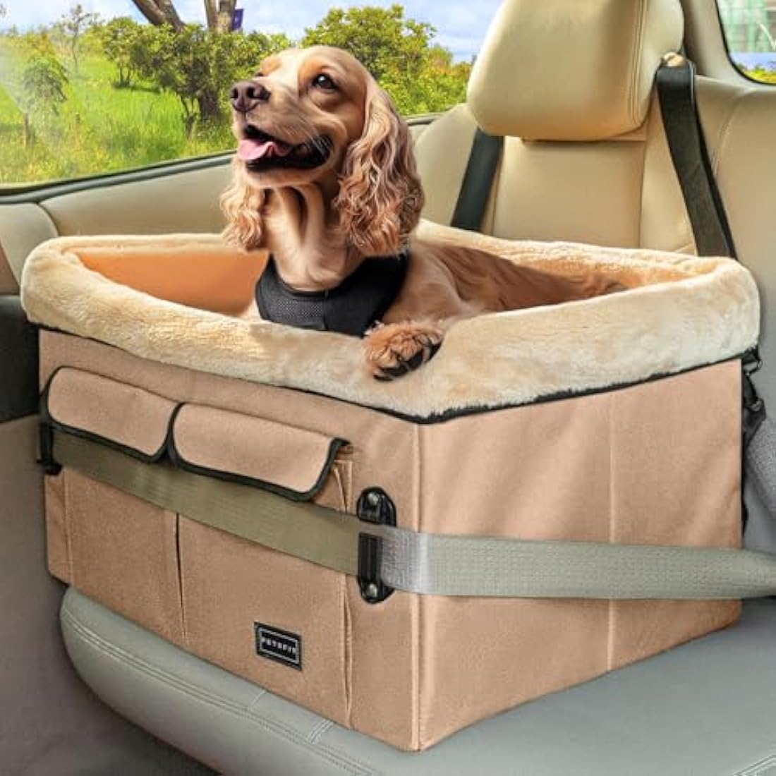 Petsfit Dog Car Seat Medium Sized Dog, with Patent Buckles, Washable Pad, Upgraded Booster Car Seat Up to 20 KG, Khaki