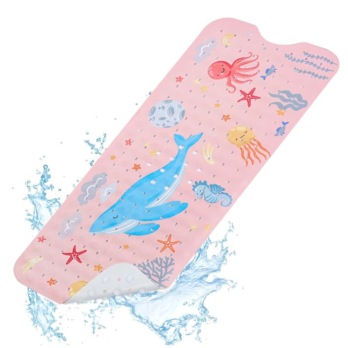 Kids Bath Mat Non Slip Pink Whale Design - 100x40cm Extra Long Anti Mould Baby Bath Mat, Machine Washable Bathtub Mat with Suction Cups for Secure
