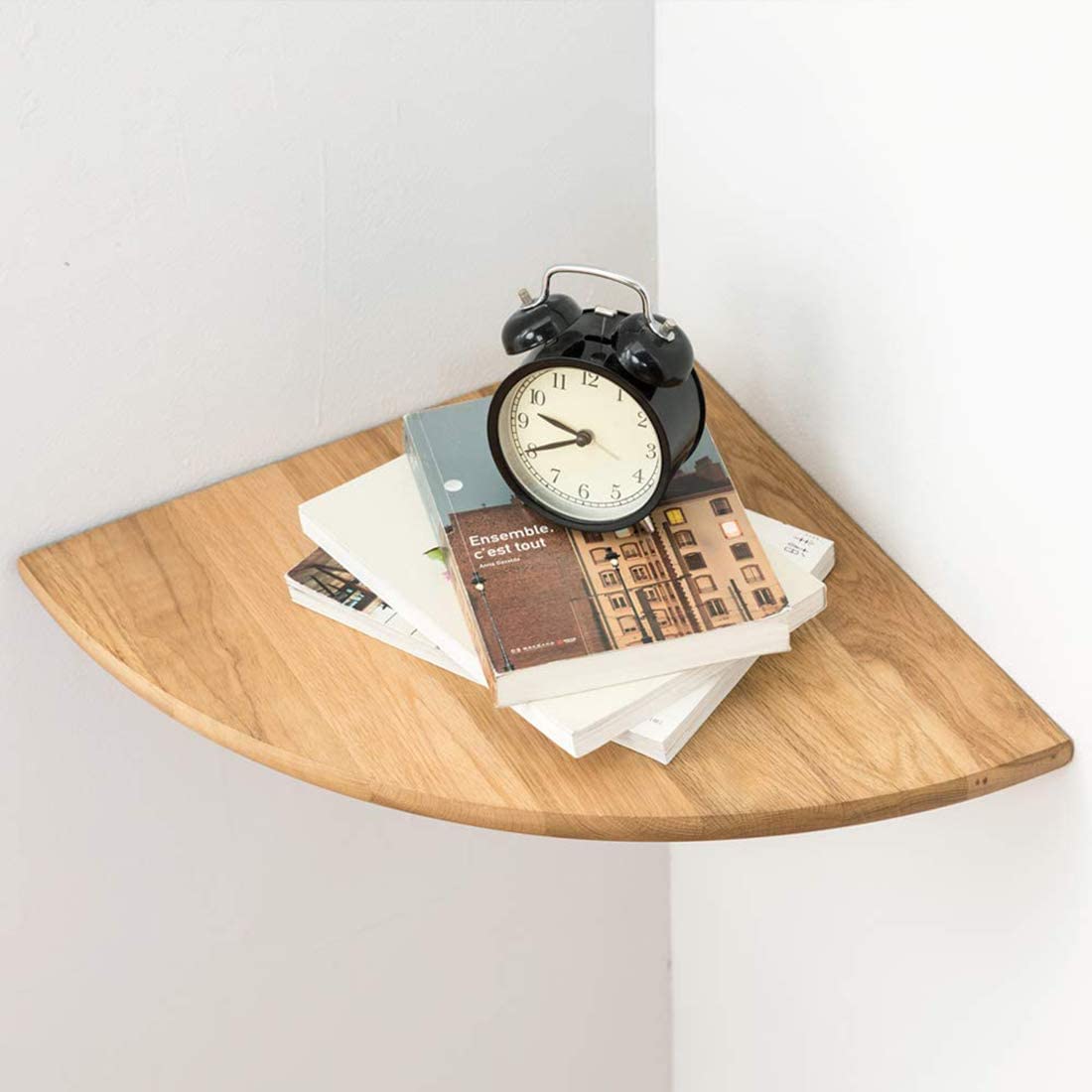 GIEANOO Corner Shelf, Solid Oak Wood Floating Corner Shelf Wall Mount 16inch Round End Floating Speaker Shelf With Wire Hole Shelves for Bedroom
