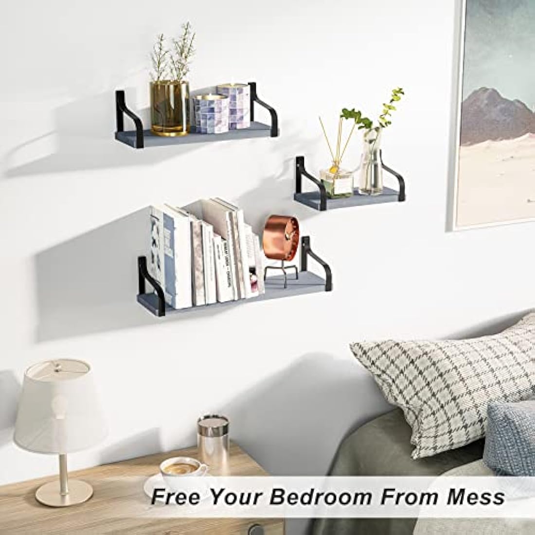 Love-KANKEI Rustic Shelves, Decorative Wall Shelf Set of 3, Floating Shelves for Bathroom, Bedroom, Living Room,Kitchen, Office and More, Weathered Grey