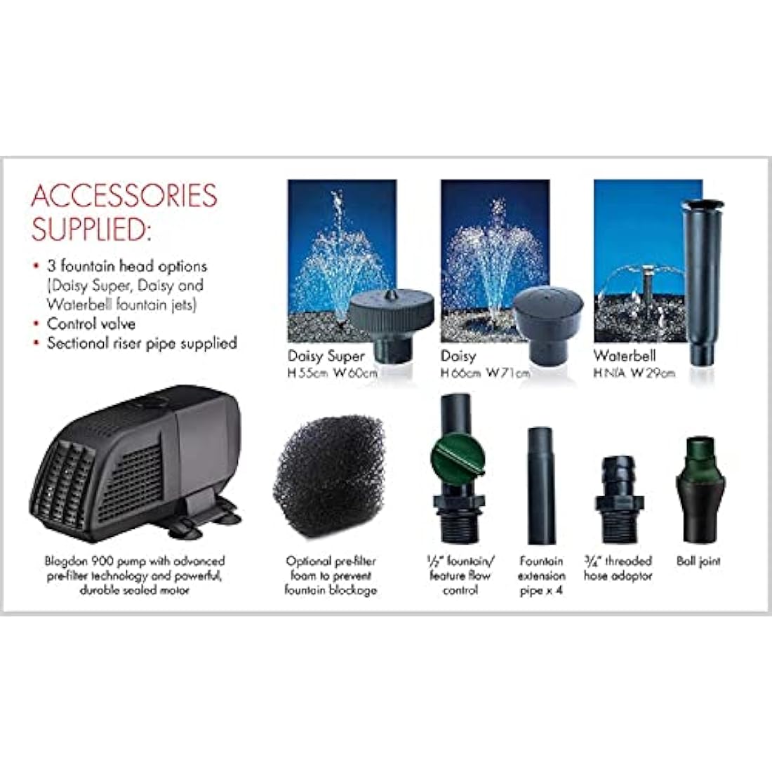 Blagdon Minipond Pond Pump 900 (to Run Fountains for Standard Ponds up to 2250 Litre), 3 Fountain Heads,Black
