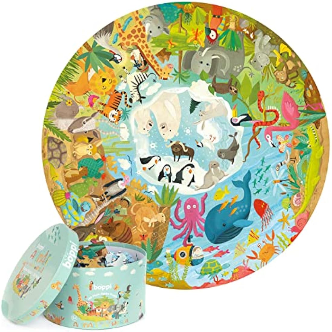 boppi Round 150 Piece Montessori Jigsaw for Kids Aged 5+ | Educational Jungle Puzzle with Continents & Animal Habitats | Eco-Friendly Recycled Cardboard - Animals of the World