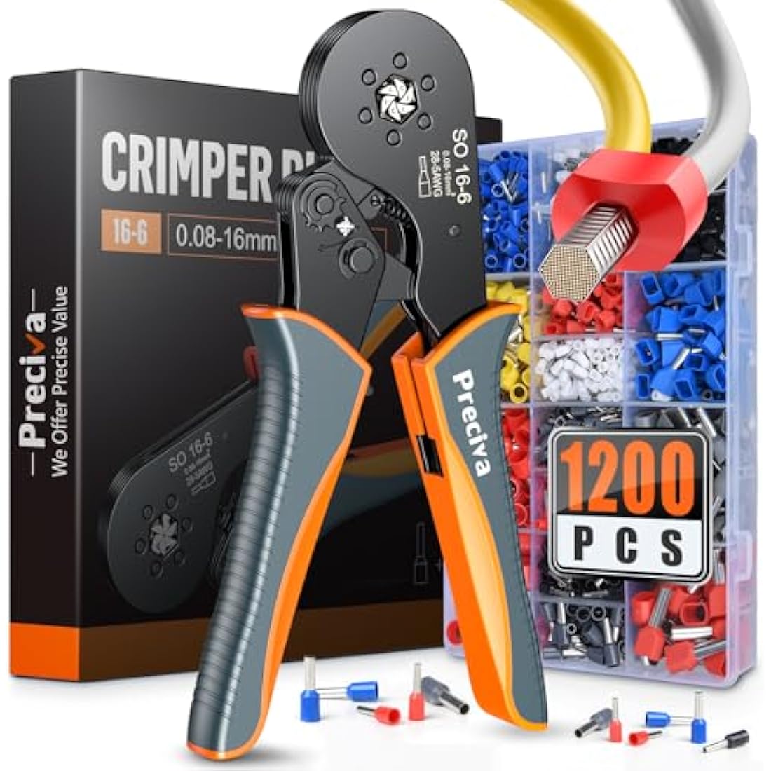 Preciva 0.08-16mm²/AWG 28-5 Crimping Tools, Wire Crimping Tool, Self-Adjsutable Ratchet Crimping Pliers, 16mm Bootlace Ferrule Crimping Tool, Gray&Orange (6 Side with Ferrules(0.08-16mm²))