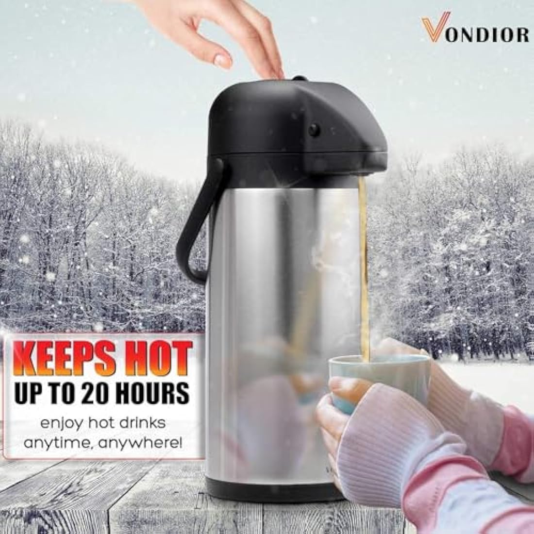 Vondior Thermal Coffee Carafe Jugs 1.9L, Insulated Pump Coffee Pot Stainless Steel, Vacuum Jug Teapot for Hot/Cold Water, Party Chocolate Drinks