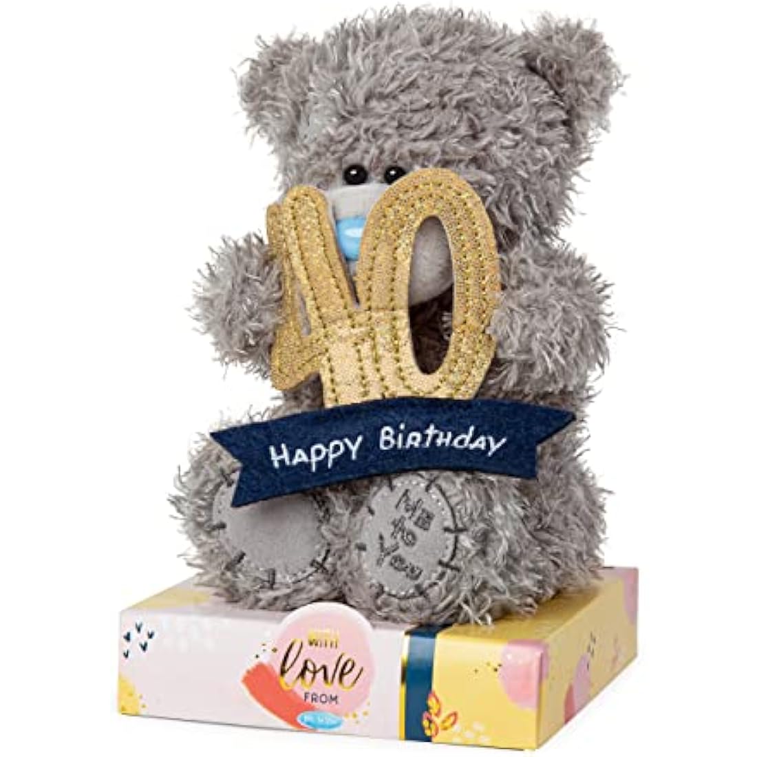 Me to You Tatty Teddy 40th Birthday Bear Holding a 40 Banner - Official Collection, Blue,gold,grey,navy