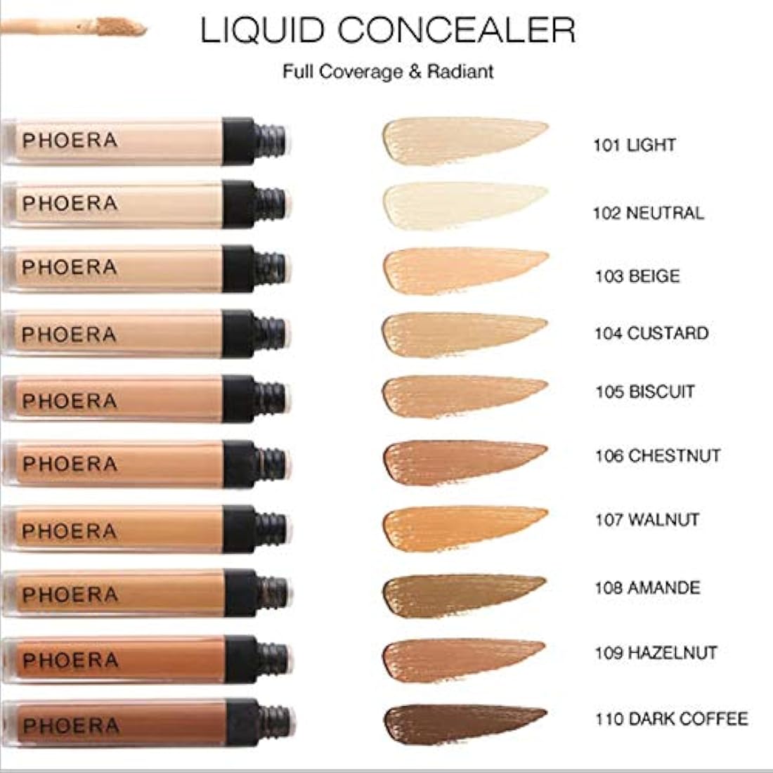 Phoera Full‑Coverage Matte Liquid Concealer – Waterproof, Oil‑Free Camouflage for Dark Circles, Acne Scars & Under‑Eye (109 - Hazelnut)