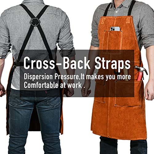 Leather Welding Work Apron - Heat Resistant & Flame Resistant Bib Apron, Flame Retardant Heavy Duty BBQ Apron, Adjustable One Size Fit Most Brown-24"x