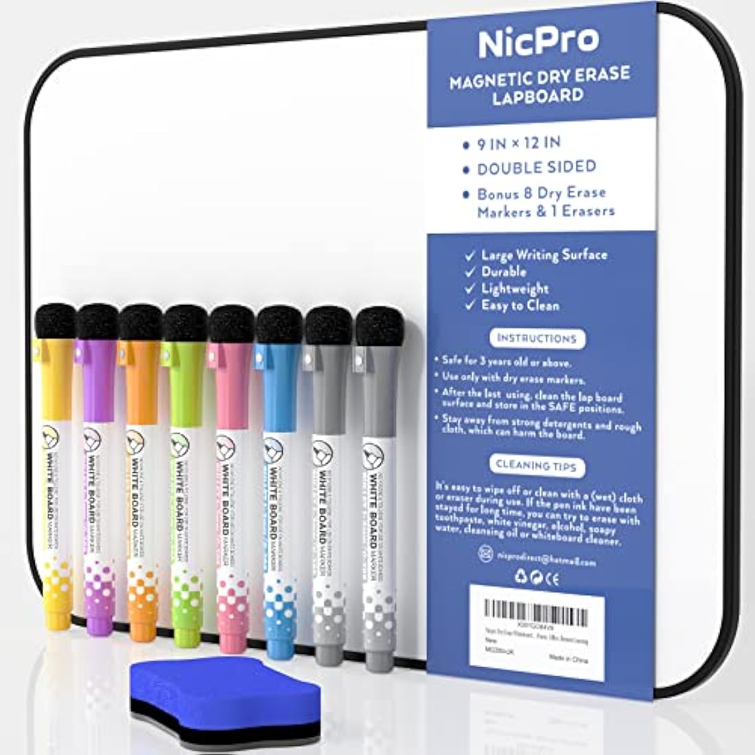 Nicpro Dry Erase Whiteboard A4, Magnetic Double Sided 21 x 30 cm White Board with Black Border, Including 8 Water-Based Pens and 1 Eraser for Kid Writing & Drawing Student School, Home, Classroom Use