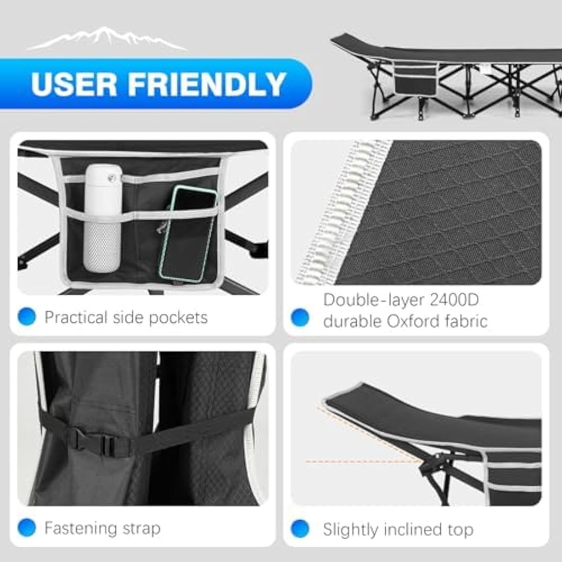 OVERMONT Oversized Folding Camping Bed for Adults,75 * 28" Extra Wide,2400D Oxford fabric,550lbs Load Capacity,Heavy Duty Sleeping Beds with Carry Bag, Portable Travel Camp Beds