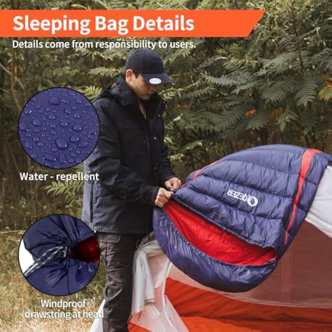 QEZER Down Sleeping Bag,Lightweight Rectangular Winter Sleeping Bag [1180g/1860g] for Adults and Kids 4 Season Camping, Hiking,Warehouse and Moutaineering Outdoor