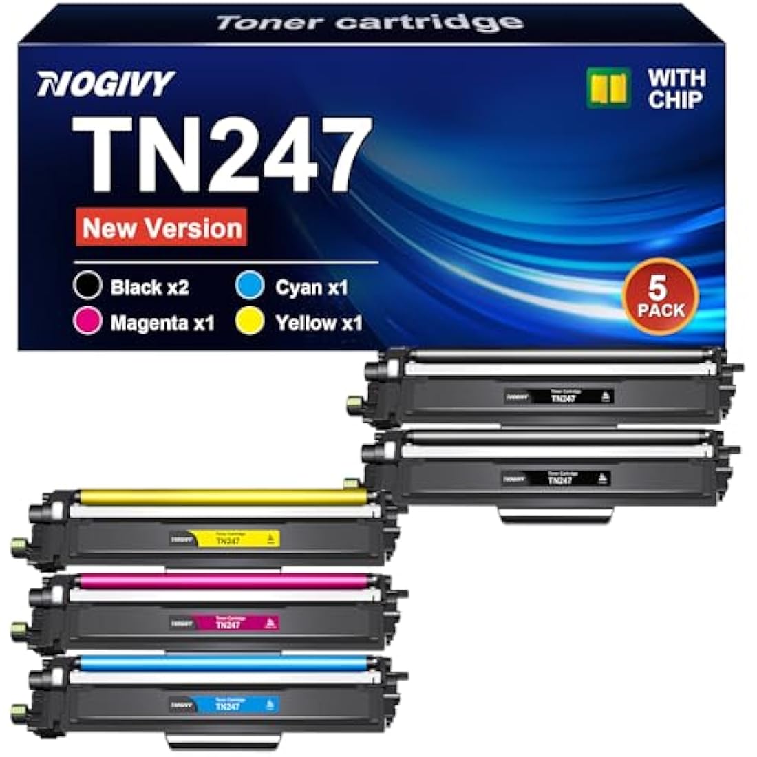 NOGIVY TN247 TN-247 TN-243 Toner Cartridges Compatible for TN 243 TN243 for Brother DCP-L3550CDW HL-L3230CDW MFC-3750CDW HL-L3210CW MFC-L3710CW DCP-L3510CDW (2Black 1Cyan 1Yellow 1Magenta, 5-Pack)