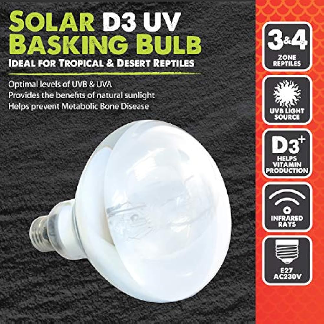Komodo Solar D3 UV Basking Bulb Heat and Light Bulb for Desert & Tropical Reptile Habitats, Terrarium & Vivarium Lighting 125W